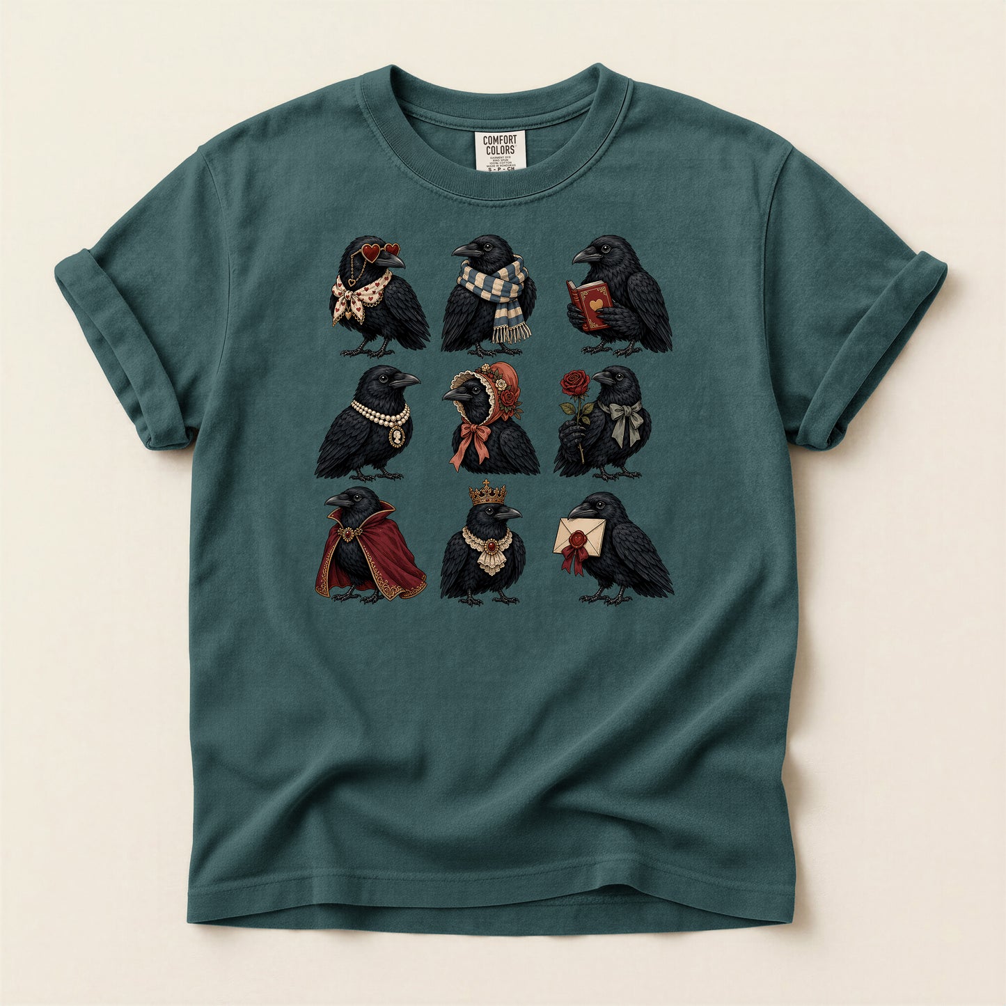 Raven Characters T‑Shirt — Cute Gothic Crow Crew with Accessories