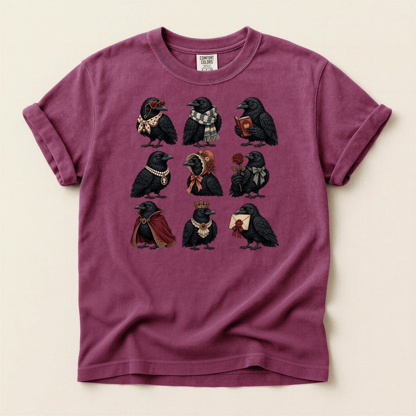 Raven Characters T‑Shirt — Cute Gothic Crow Crew with Accessories