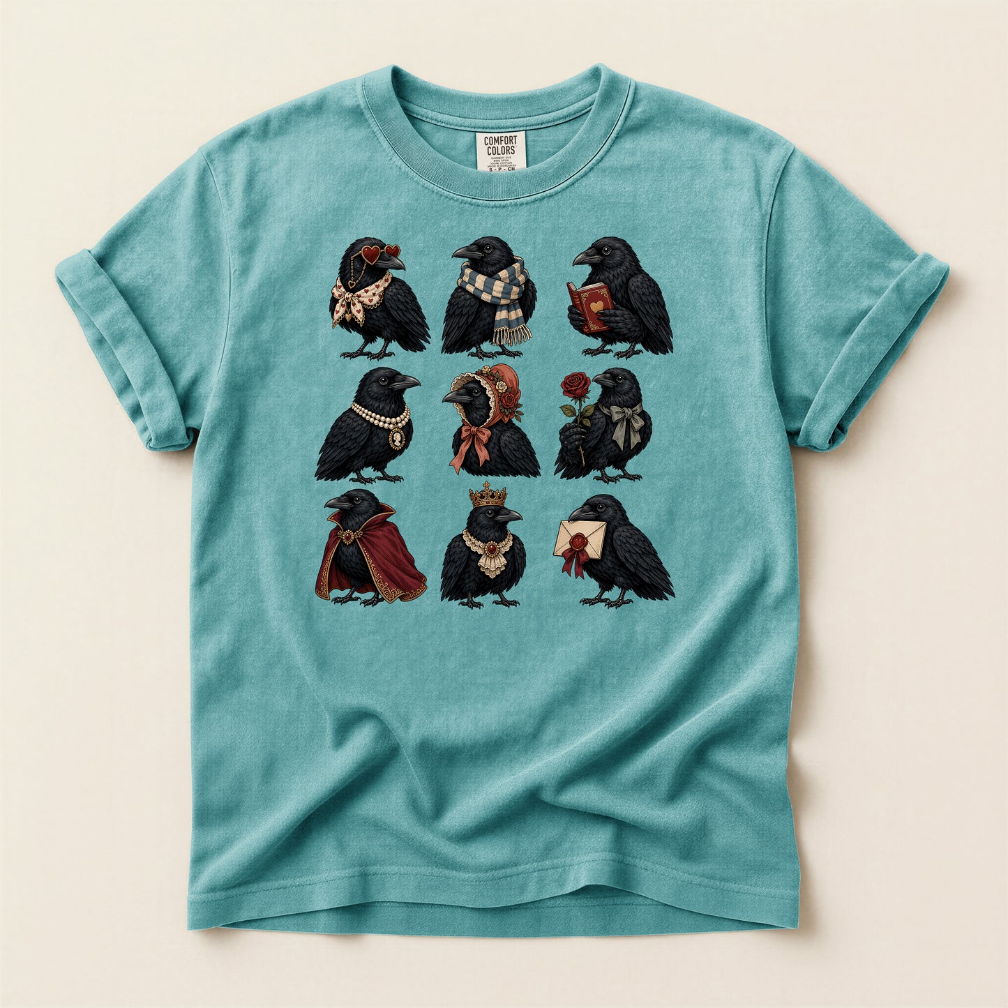 Raven Characters T‑Shirt — Cute Gothic Crow Crew with Accessories
