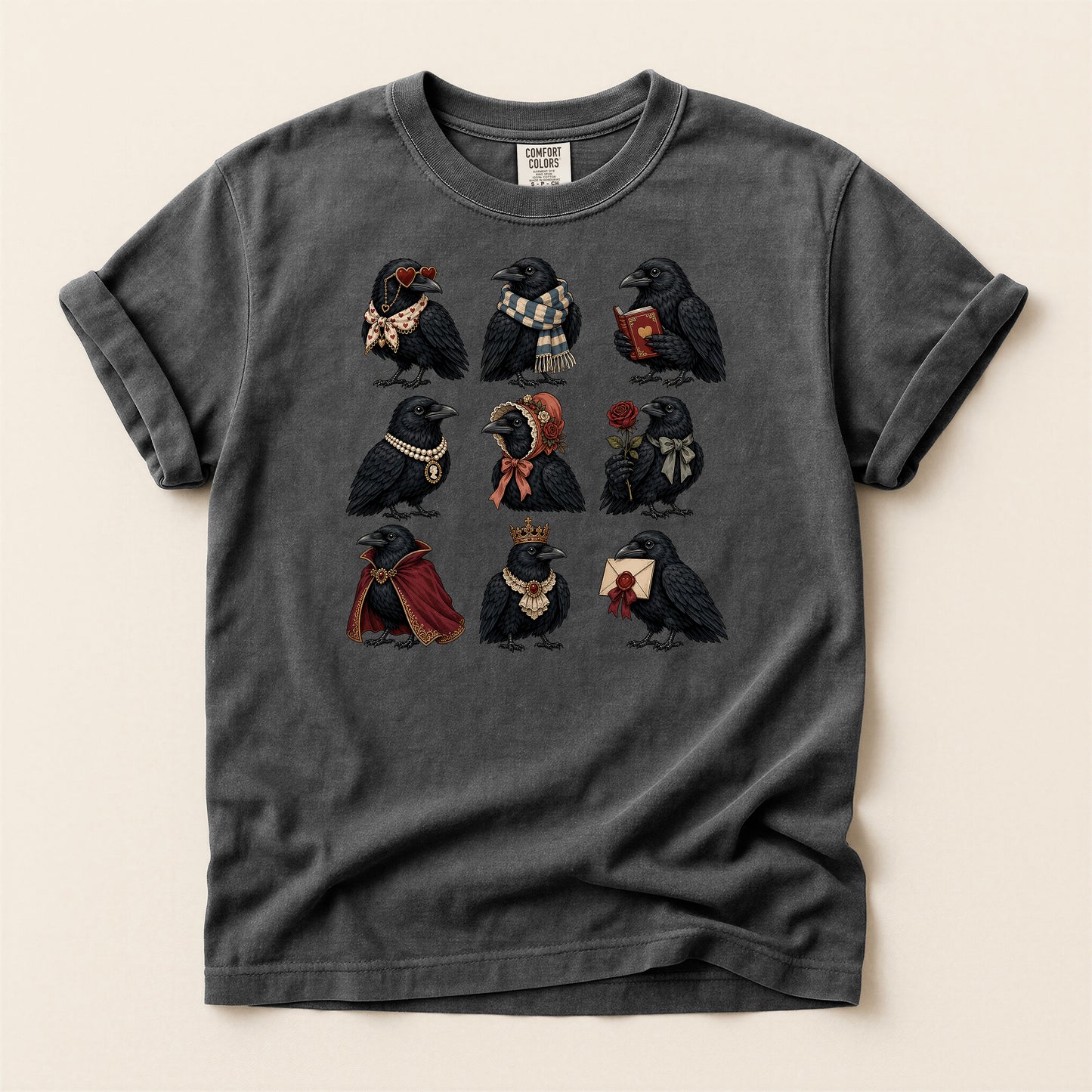 Raven Characters T‑Shirt — Cute Gothic Crow Crew with Accessories