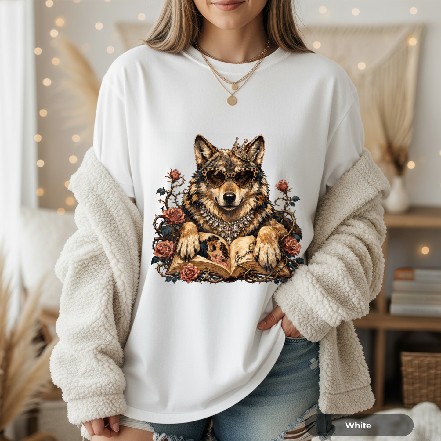 Wolf & Roses T‑Shirt — Mystic Wolf Reading Book Graphic Tee