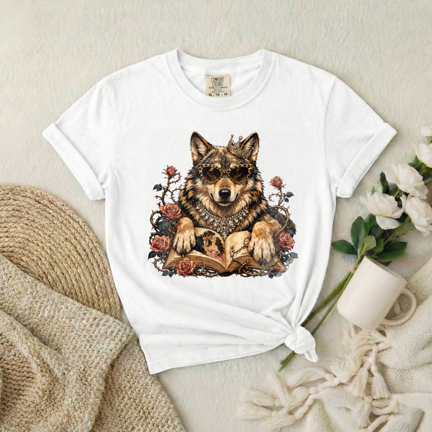 Wolf & Roses T‑Shirt — Mystic Wolf Reading Book Graphic Tee