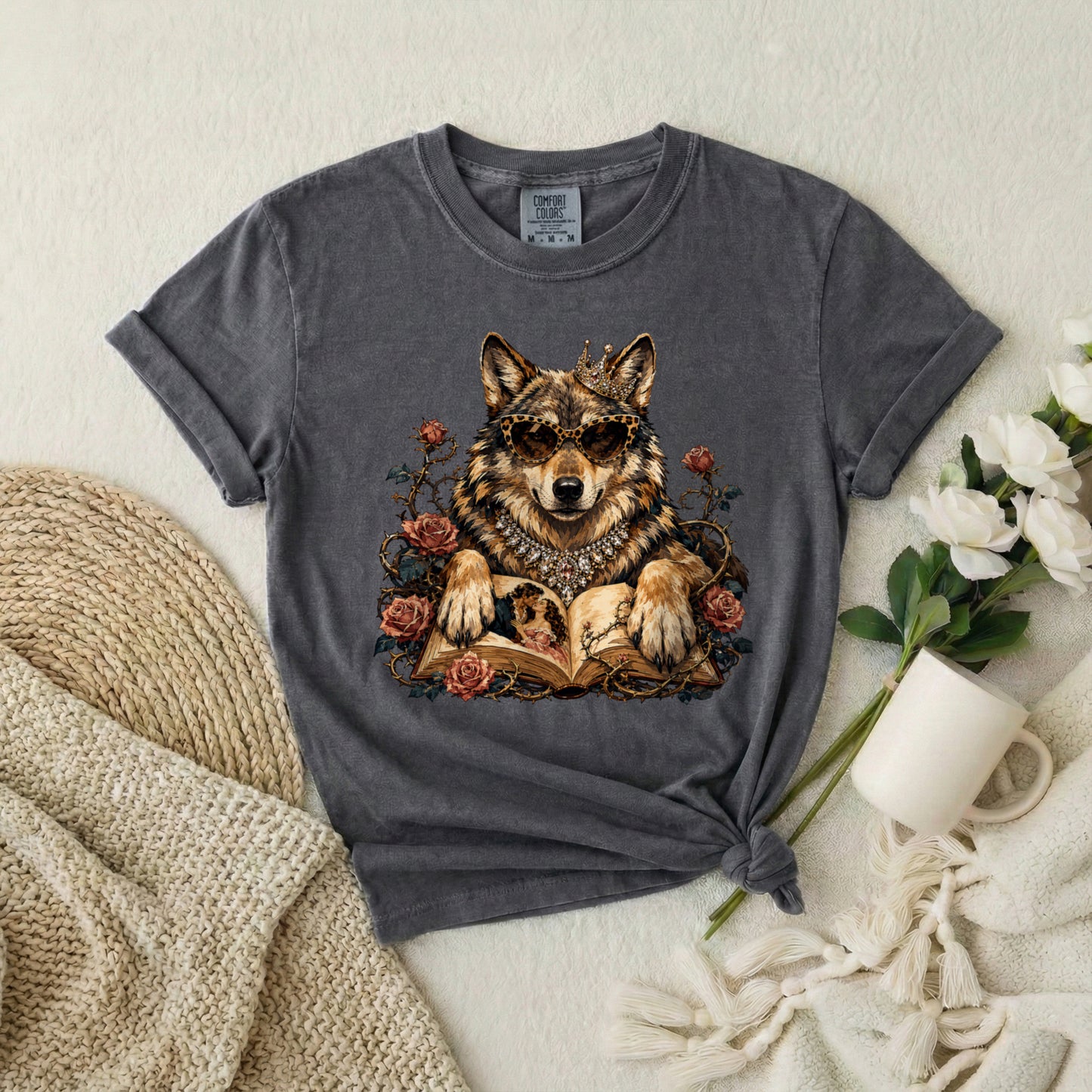 Wolf & Roses T‑Shirt — Mystic Wolf Reading Book Graphic Tee