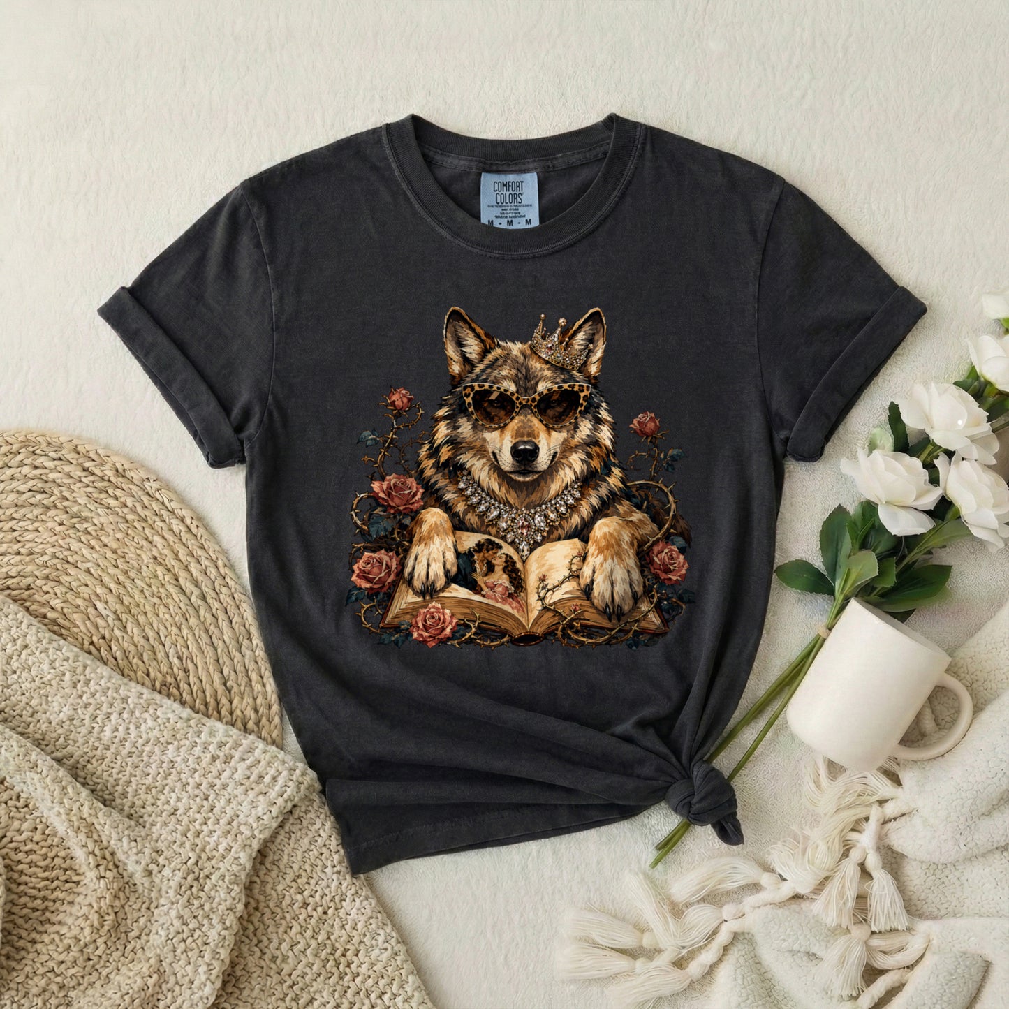 Wolf & Roses T‑Shirt — Mystic Wolf Reading Book Graphic Tee
