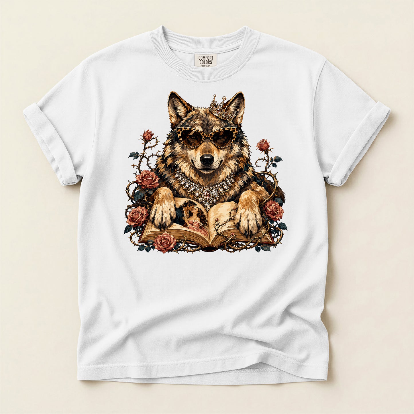 Wolf & Roses T‑Shirt — Mystic Wolf Reading Book Graphic Tee