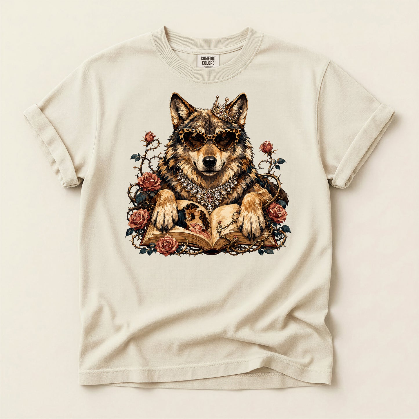 Wolf & Roses T‑Shirt — Mystic Wolf Reading Book Graphic Tee