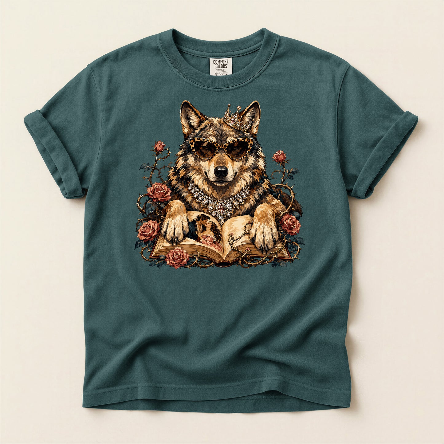 Wolf & Roses T‑Shirt — Mystic Wolf Reading Book Graphic Tee