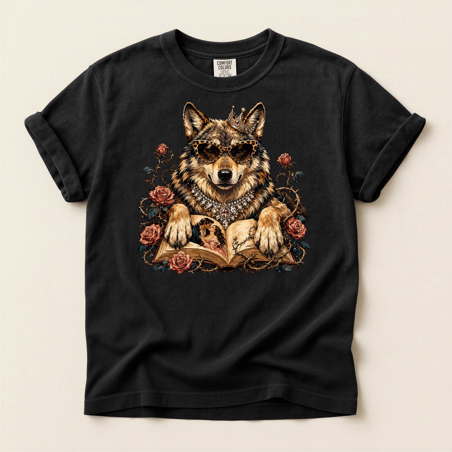 Wolf & Roses T‑Shirt — Mystic Wolf Reading Book Graphic Tee