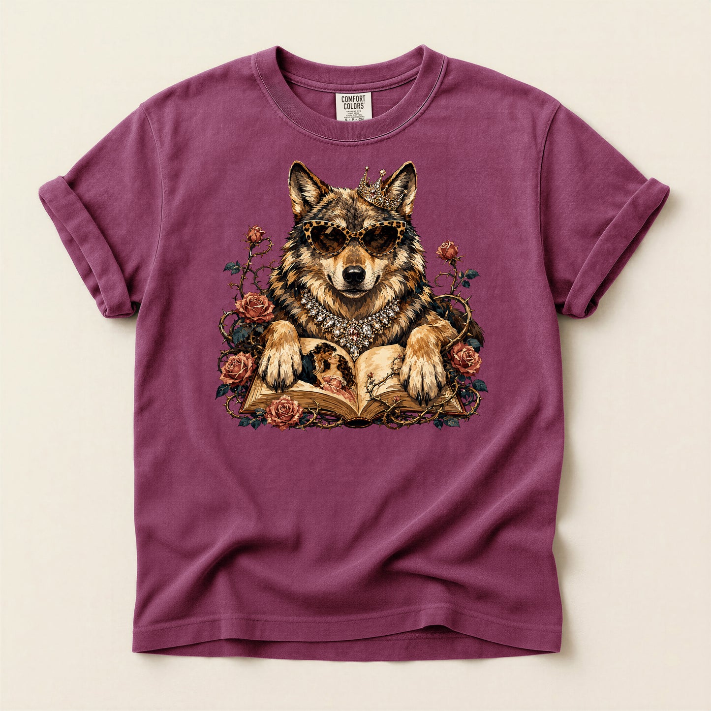 Wolf & Roses T‑Shirt — Mystic Wolf Reading Book Graphic Tee
