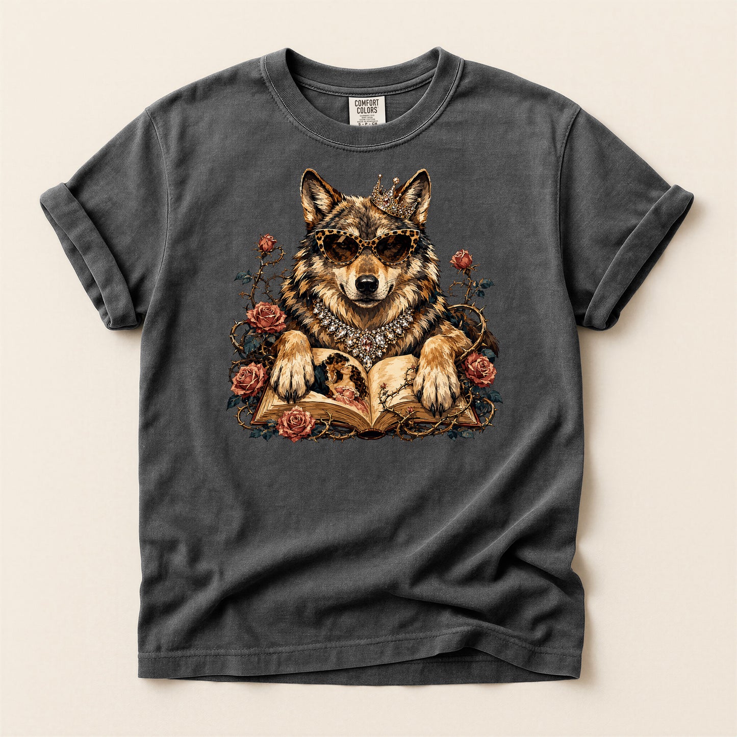 Wolf & Roses T‑Shirt — Mystic Wolf Reading Book Graphic Tee