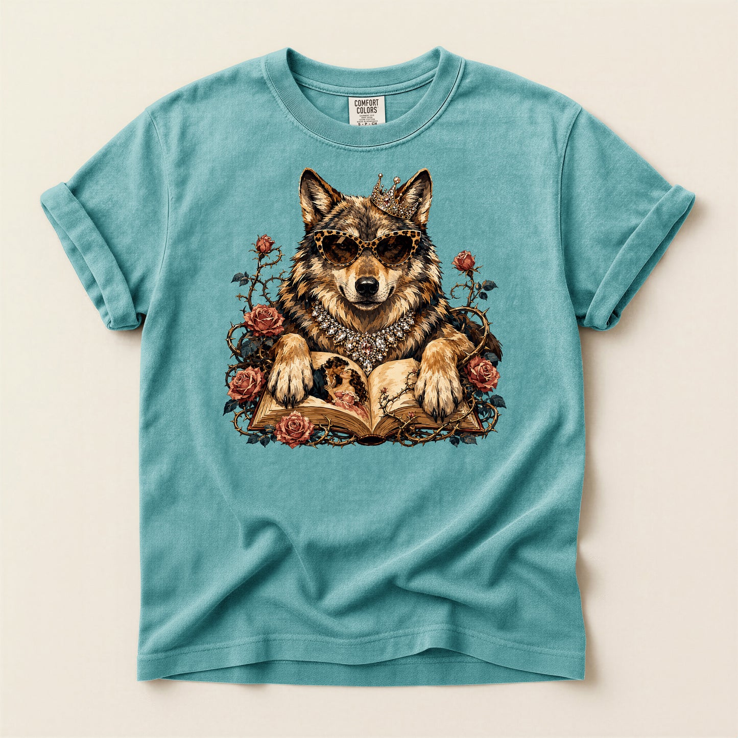 Wolf & Roses T‑Shirt — Mystic Wolf Reading Book Graphic Tee