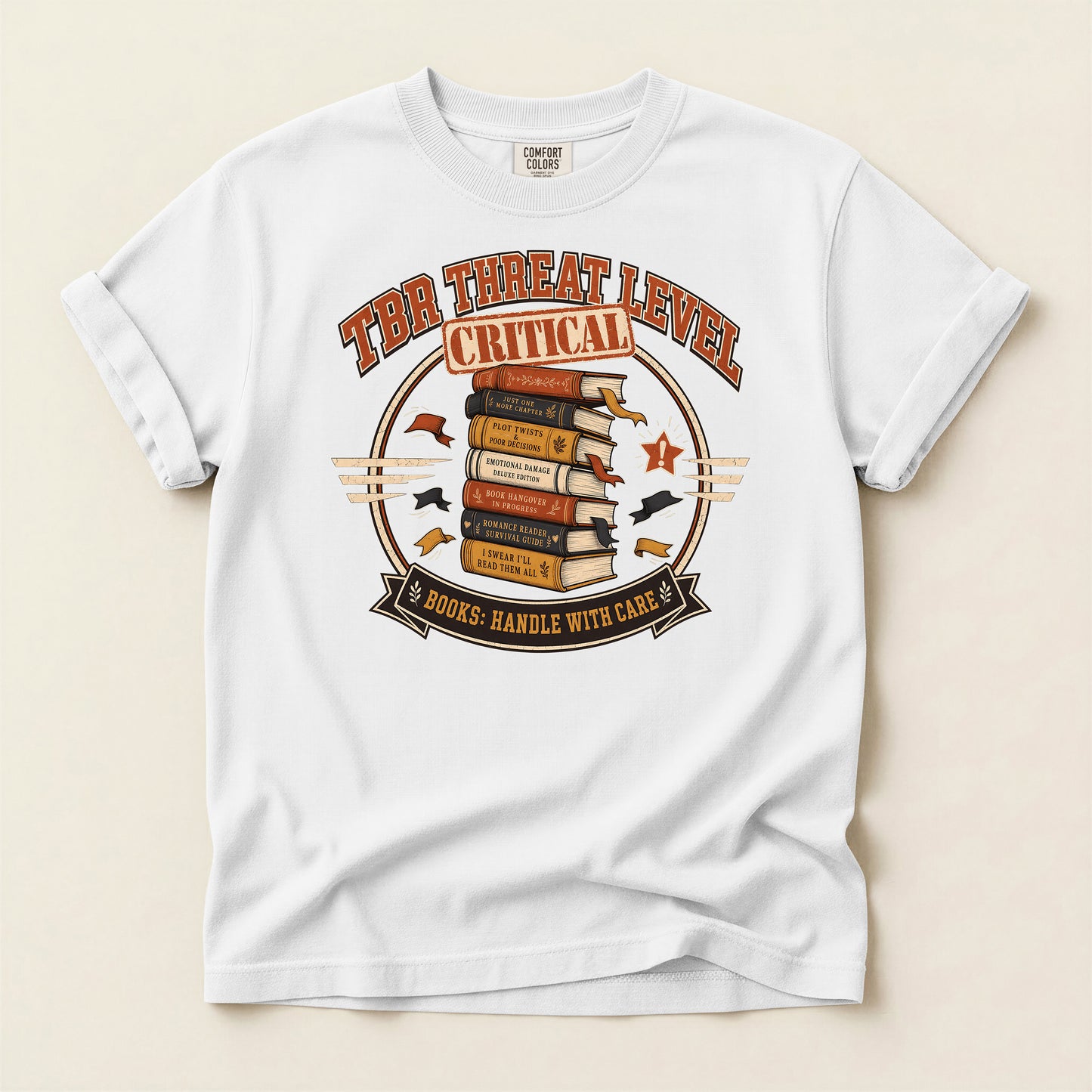 Critical Threat Level Book Lover T-Shirt — "Books: Handle With Care"