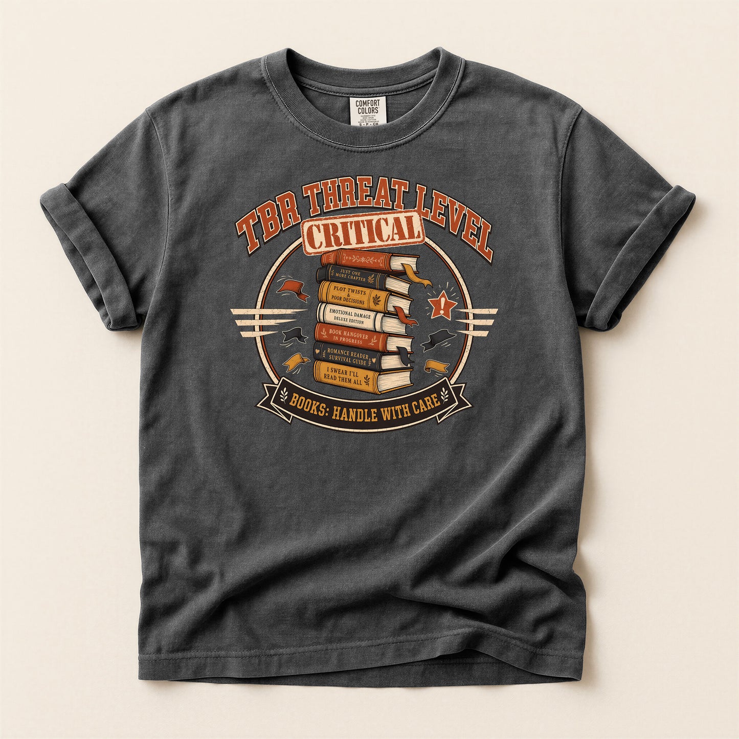 Critical Threat Level Book Lover T-Shirt — "Books: Handle With Care"
