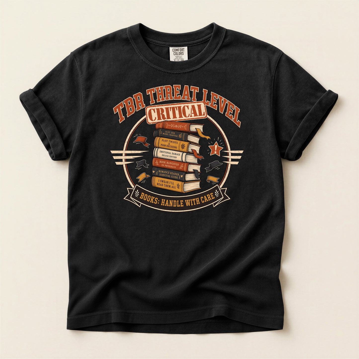 Critical Threat Level Book Lover T-Shirt — "Books: Handle With Care"