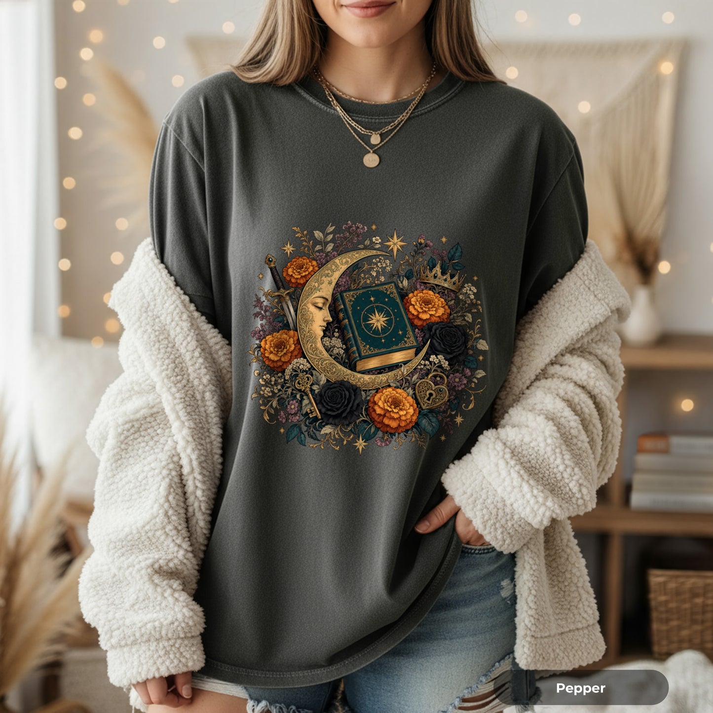 Celestial Moon Tarot T-Shirt — Mystic Floral Occult Tee