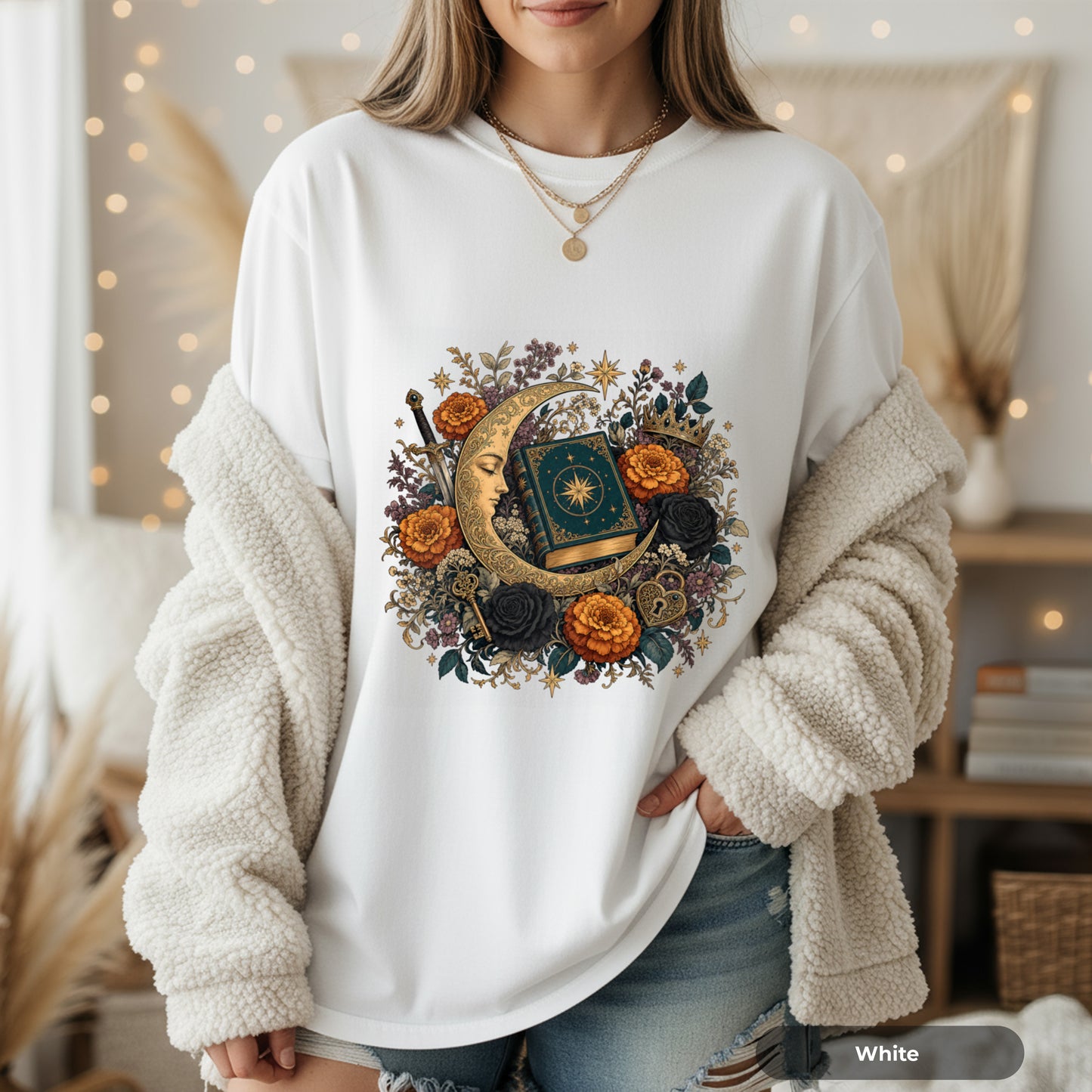 Celestial Moon Tarot T-Shirt — Mystic Floral Occult Tee