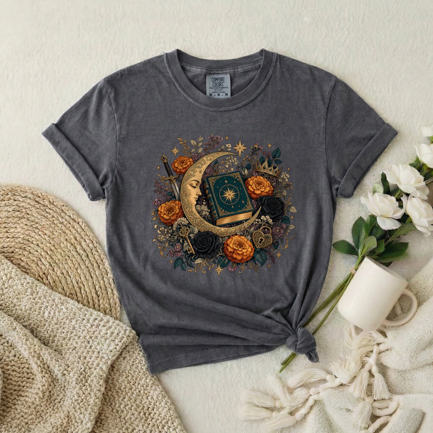 Celestial Moon Tarot T-Shirt — Mystic Floral Occult Tee