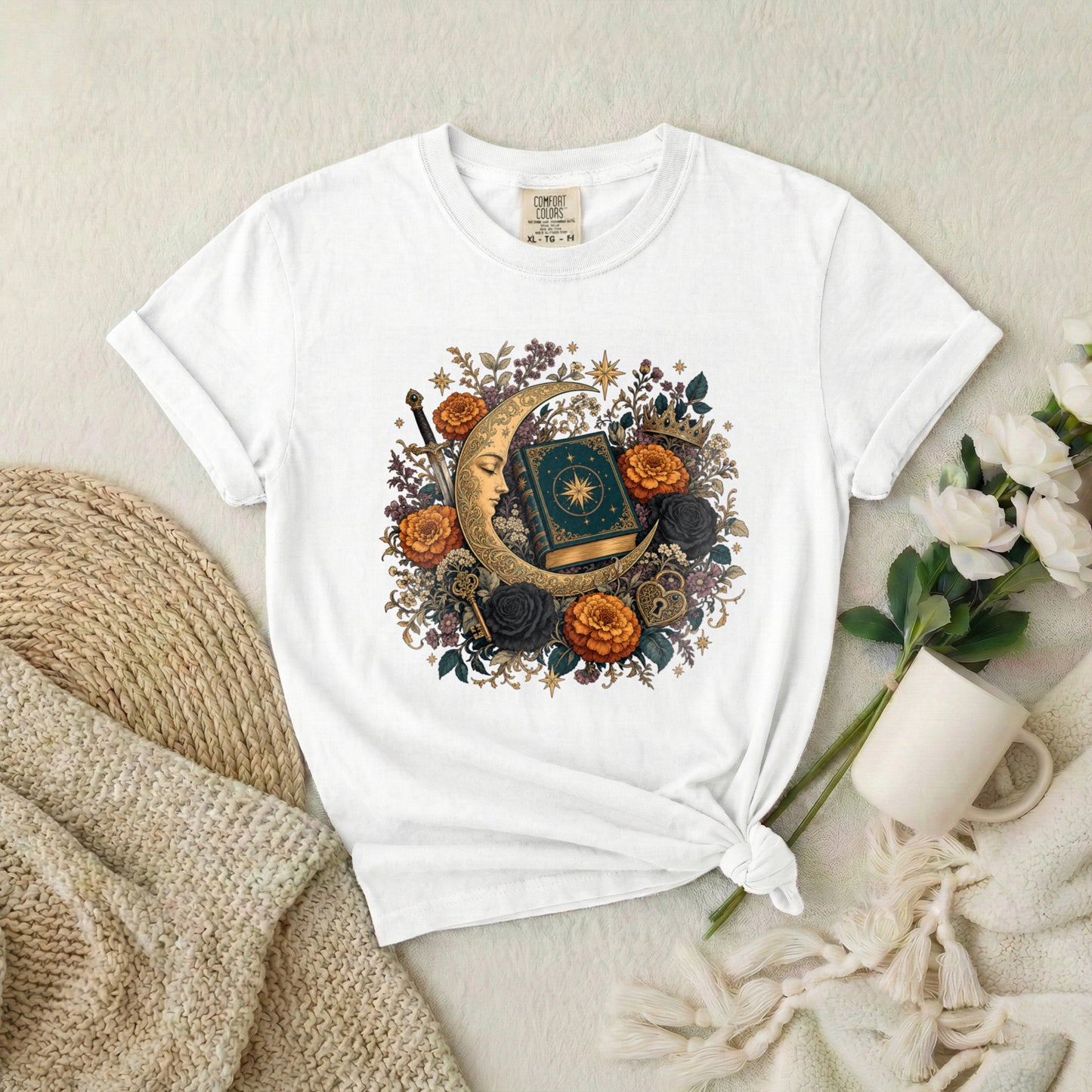 Celestial Moon Tarot T-Shirt — Mystic Floral Occult Tee