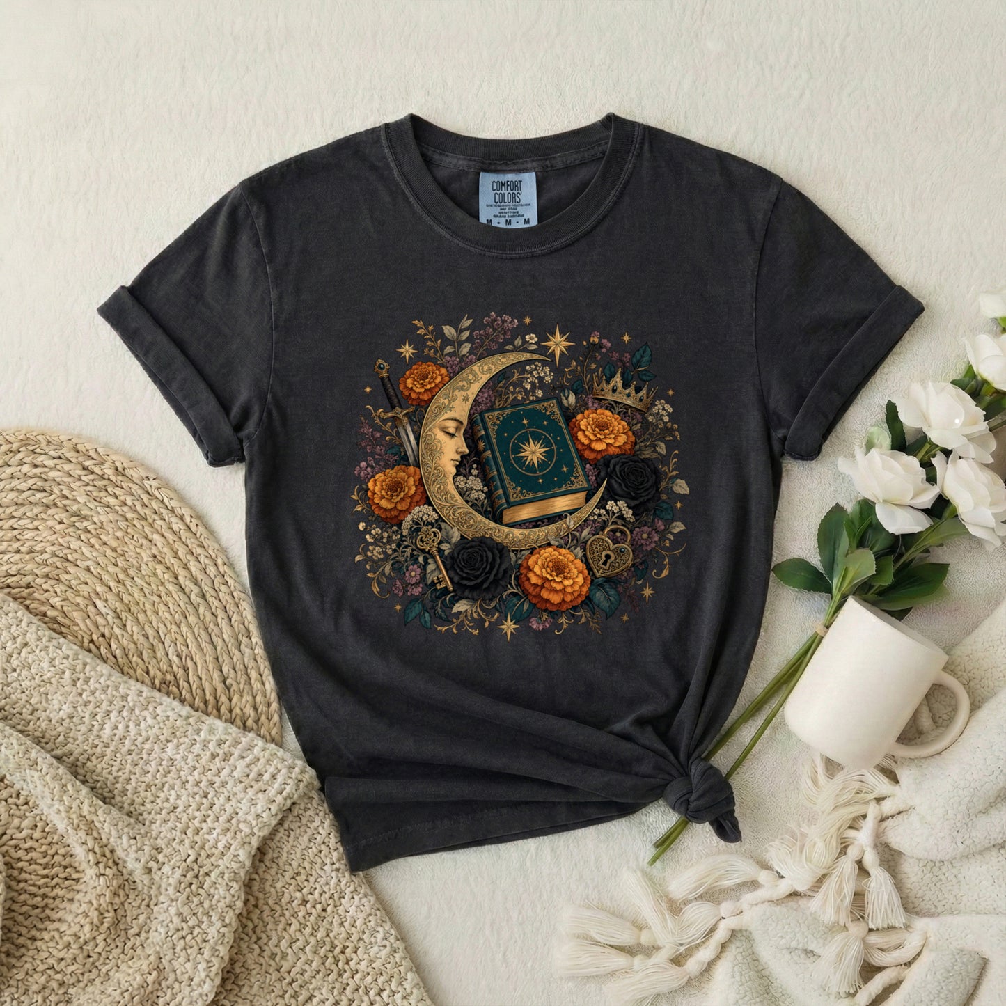 Celestial Moon Tarot T-Shirt — Mystic Floral Occult Tee