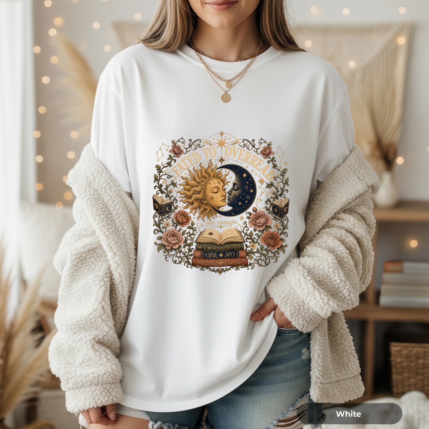 Mystic Sun & Moon Tee — "Born to Overread" Vintage Bookish Graphic T-Shirt