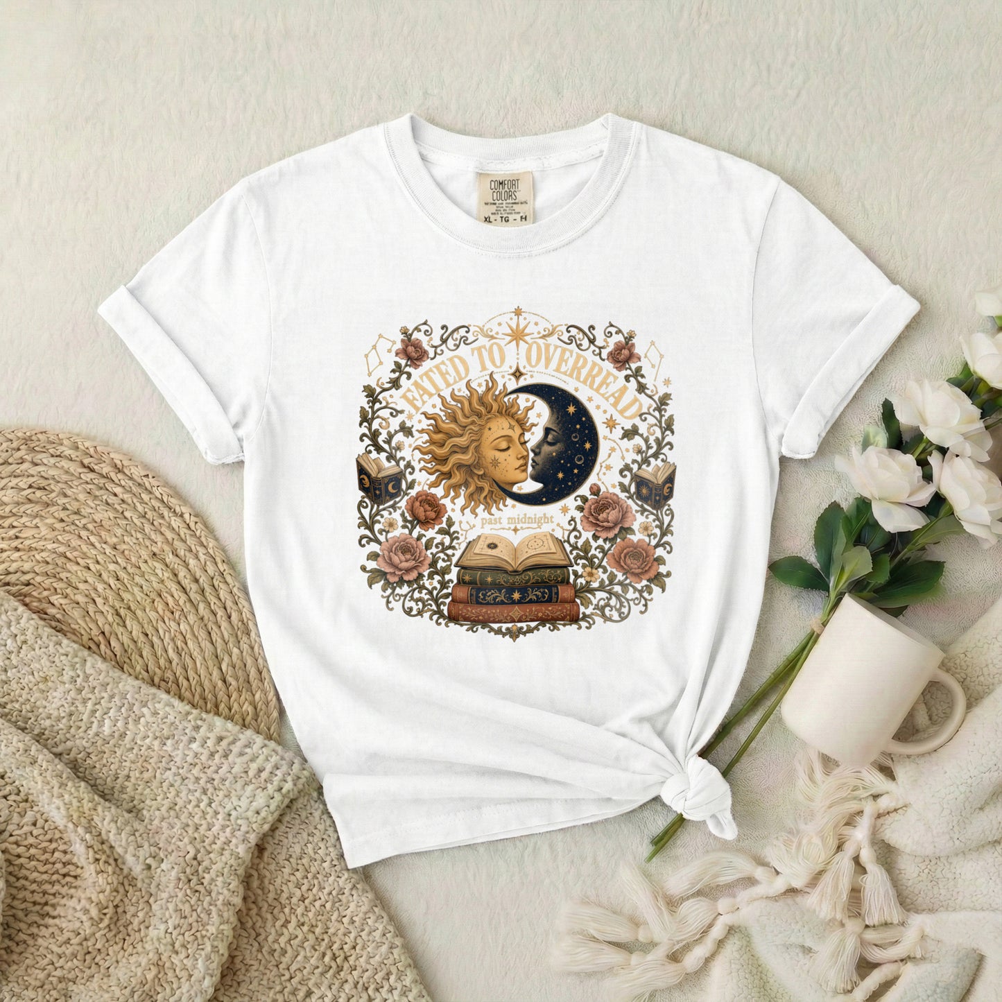 Mystic Sun & Moon Tee — "Born to Overread" Vintage Bookish Graphic T-Shirt