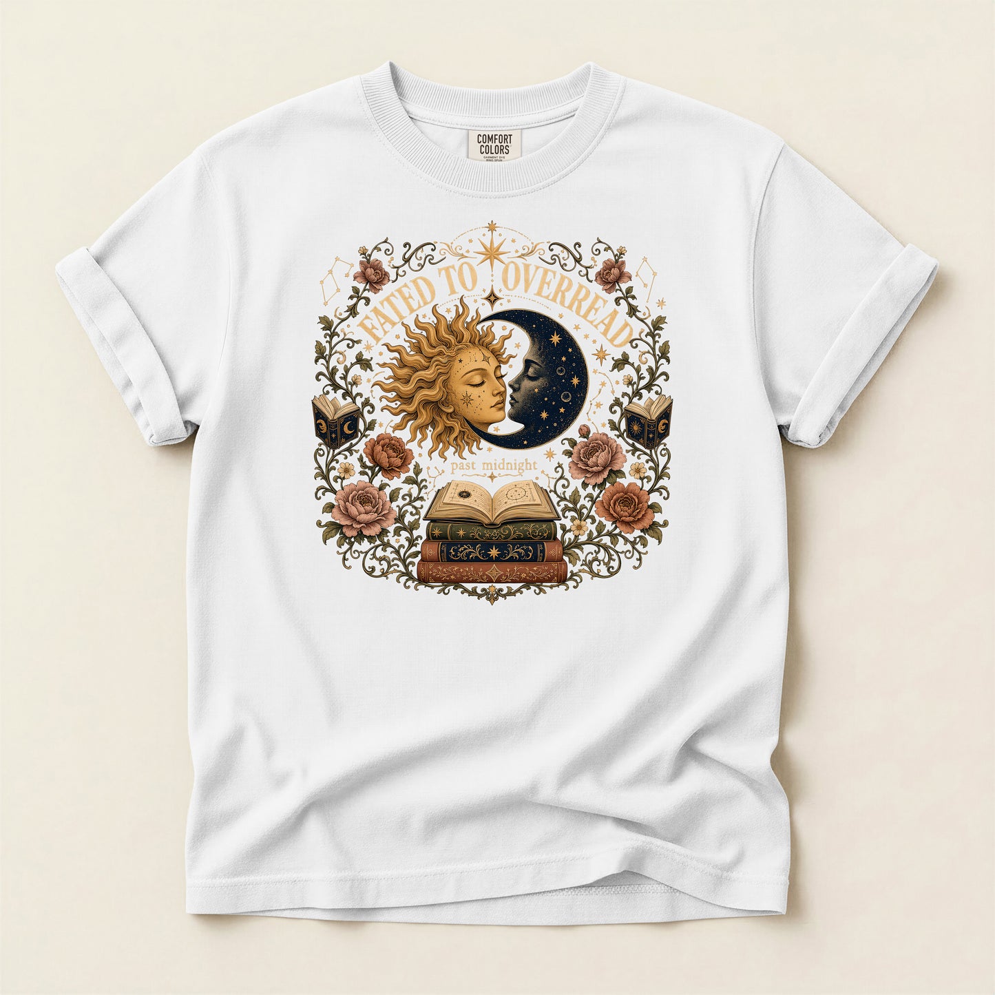 Mystic Sun & Moon Tee — "Born to Overread" Vintage Bookish Graphic T-Shirt