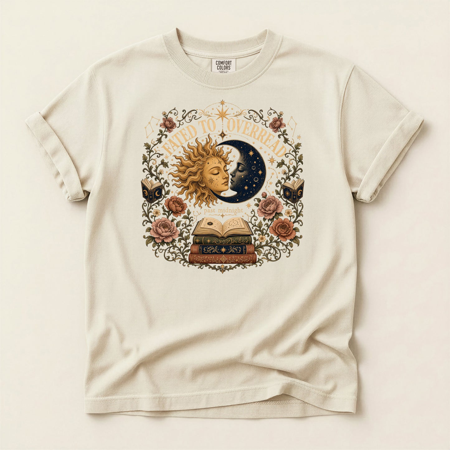 Mystic Sun & Moon Tee — "Born to Overread" Vintage Bookish Graphic T-Shirt