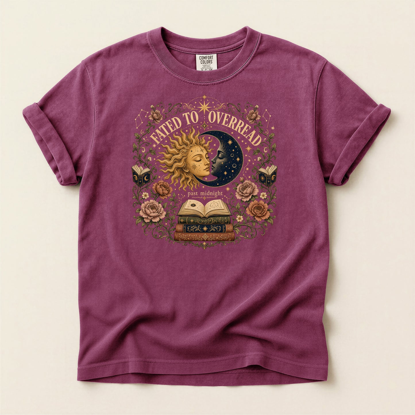 Mystic Sun & Moon Tee — "Born to Overread" Vintage Bookish Graphic T-Shirt