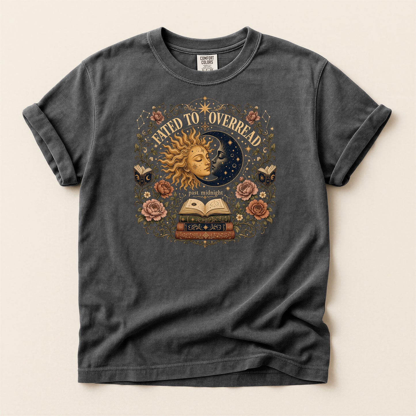 Mystic Sun & Moon Tee — "Born to Overread" Vintage Bookish Graphic T-Shirt