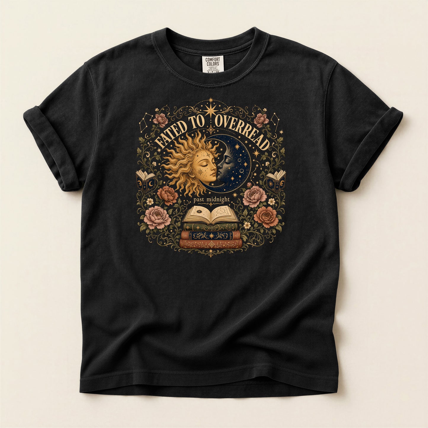 Mystic Sun & Moon Tee — "Born to Overread" Vintage Bookish Graphic T-Shirt