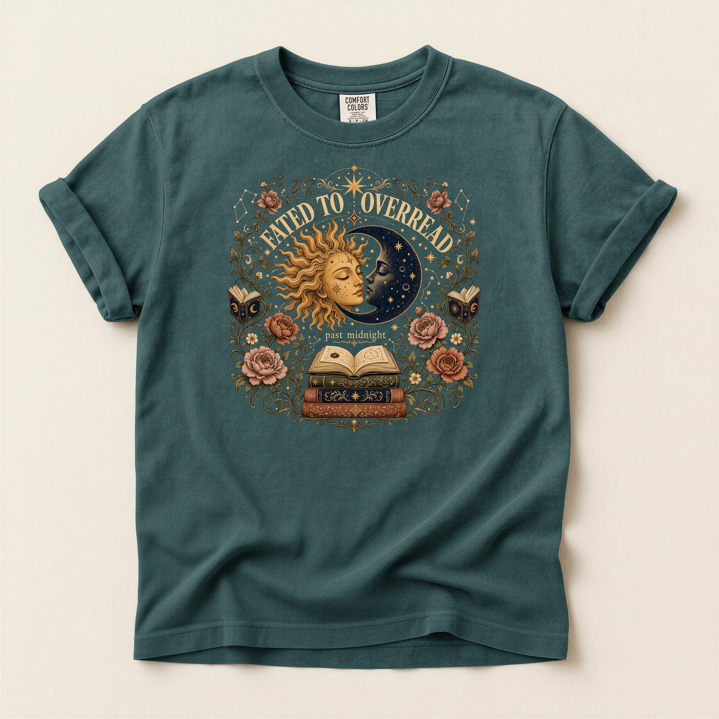 Mystic Sun & Moon Tee — "Born to Overread" Vintage Bookish Graphic T-Shirt