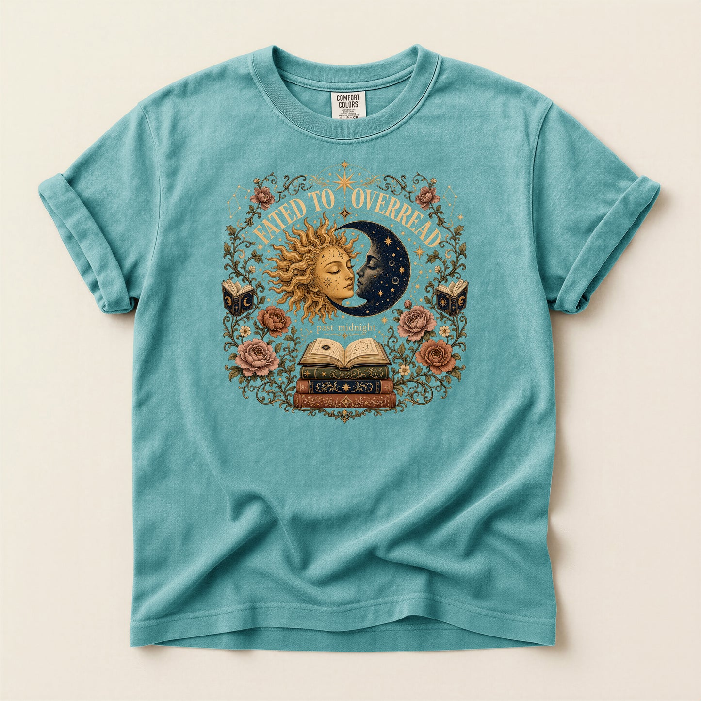 Mystic Sun & Moon Tee — "Born to Overread" Vintage Bookish Graphic T-Shirt