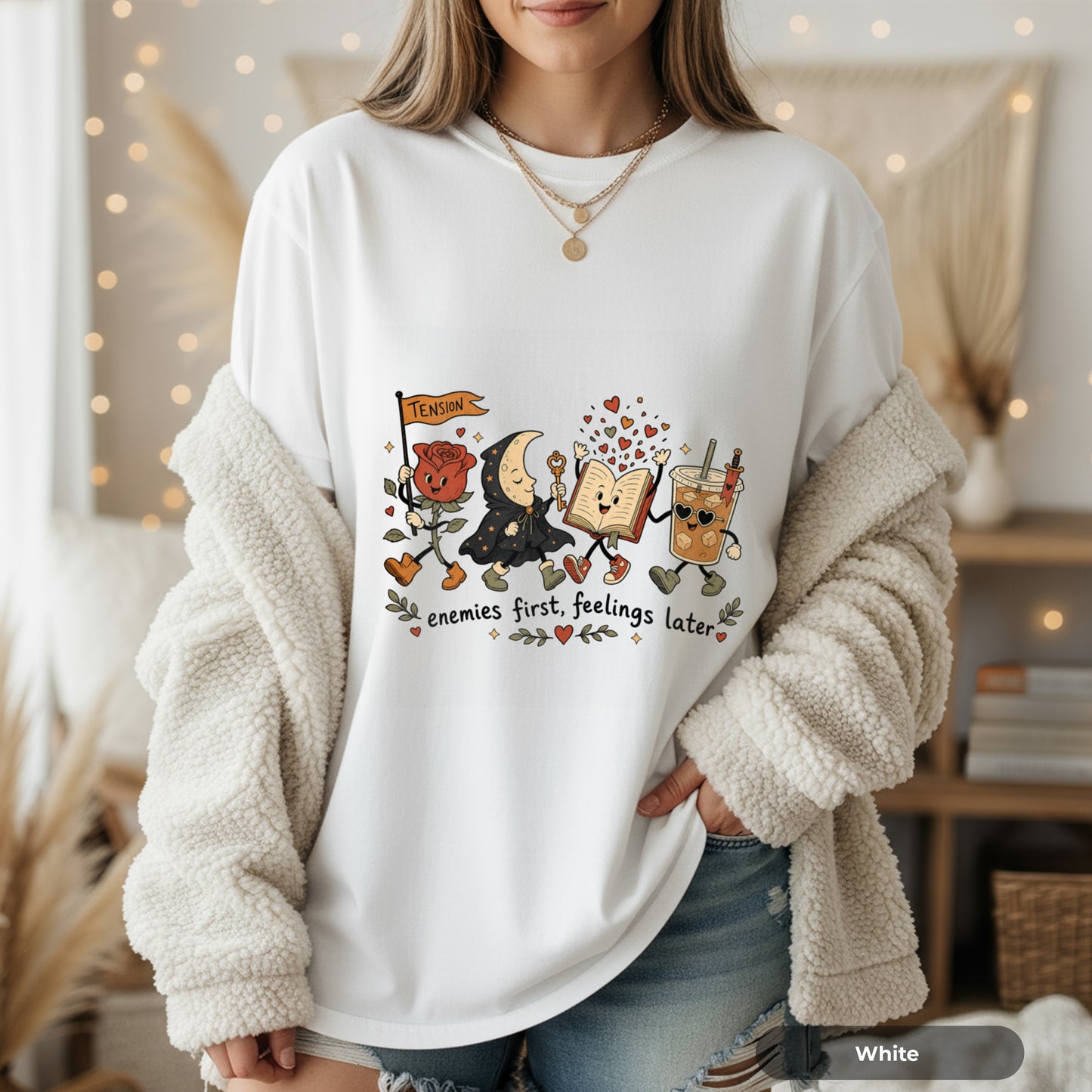 Enemies First, Feelings Later T-Shirt — Cute Romantic Book & Coffee Graphic Tee