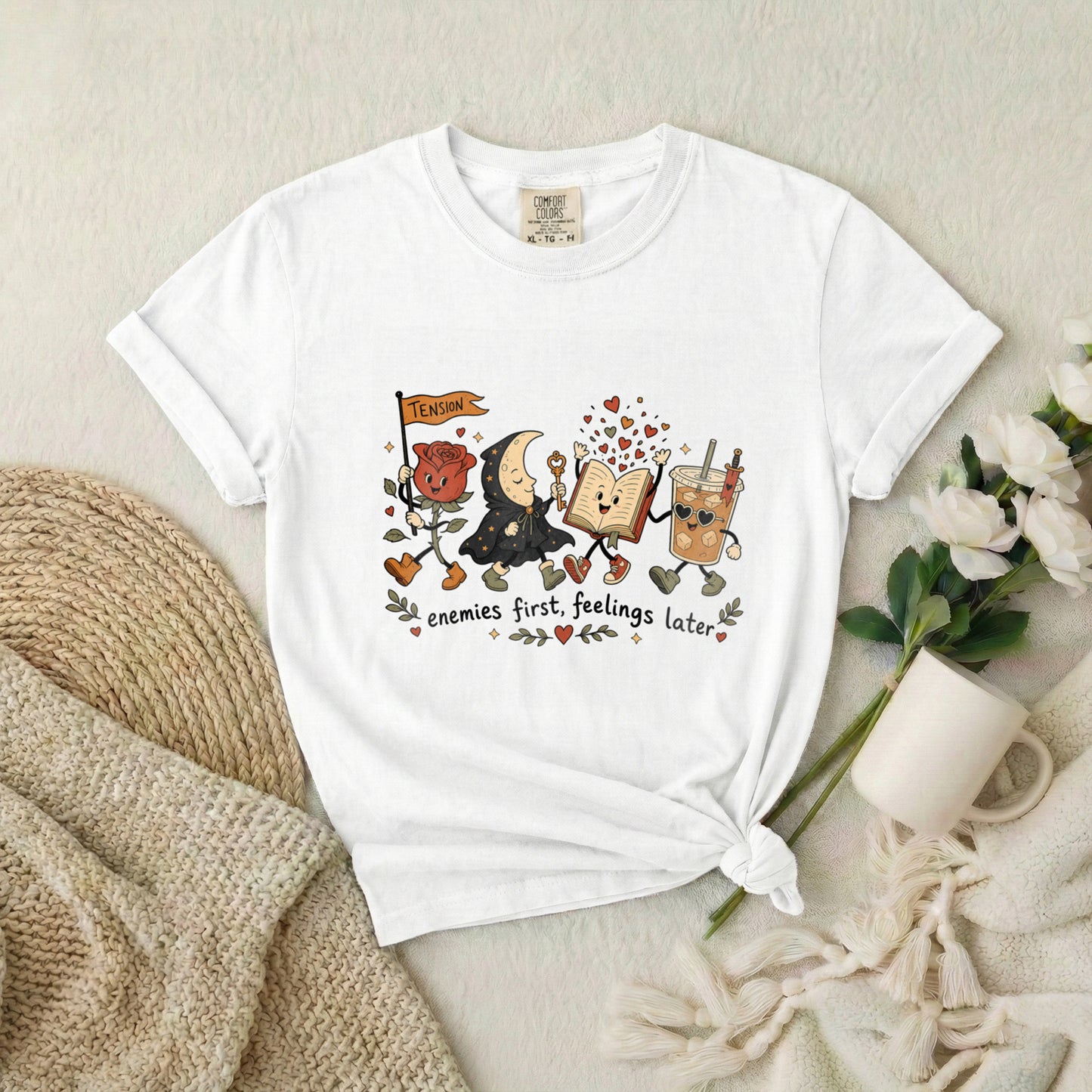 Enemies First, Feelings Later T-Shirt — Cute Romantic Book & Coffee Graphic Tee