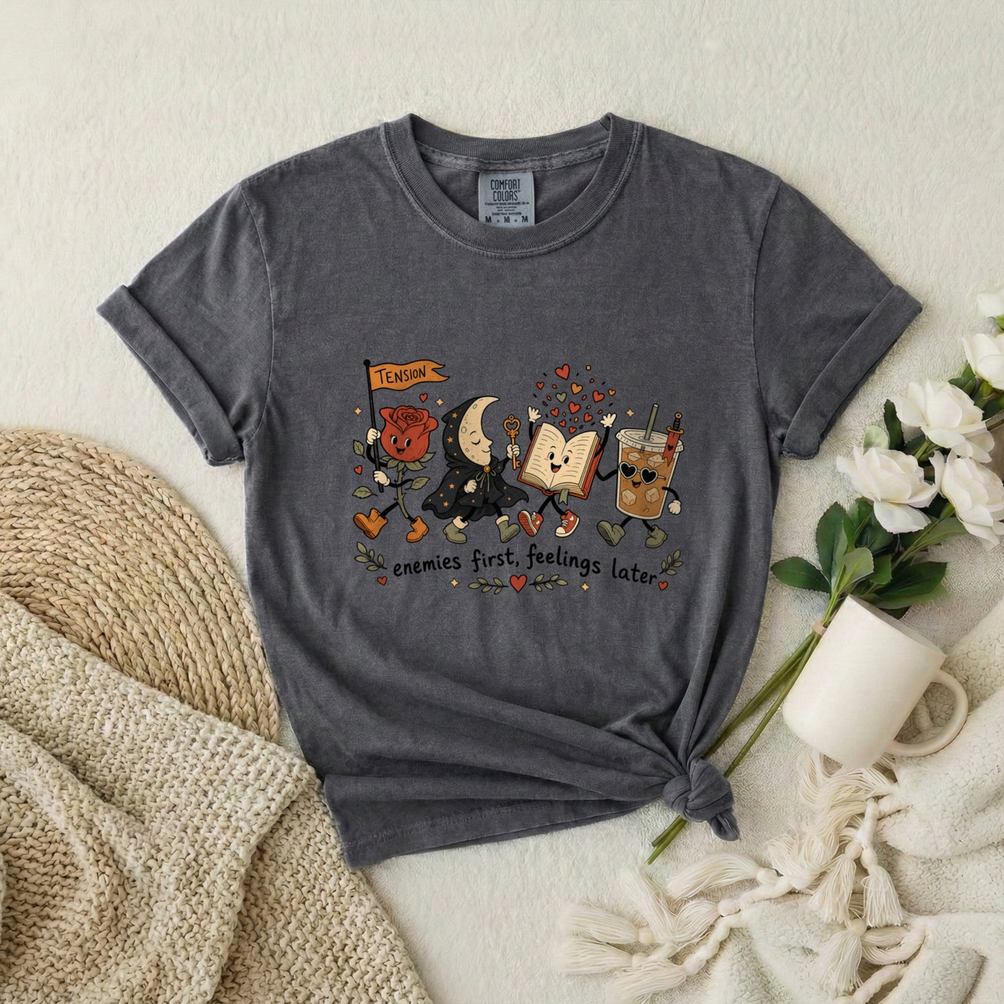Enemies First, Feelings Later T-Shirt — Cute Romantic Book & Coffee Graphic Tee