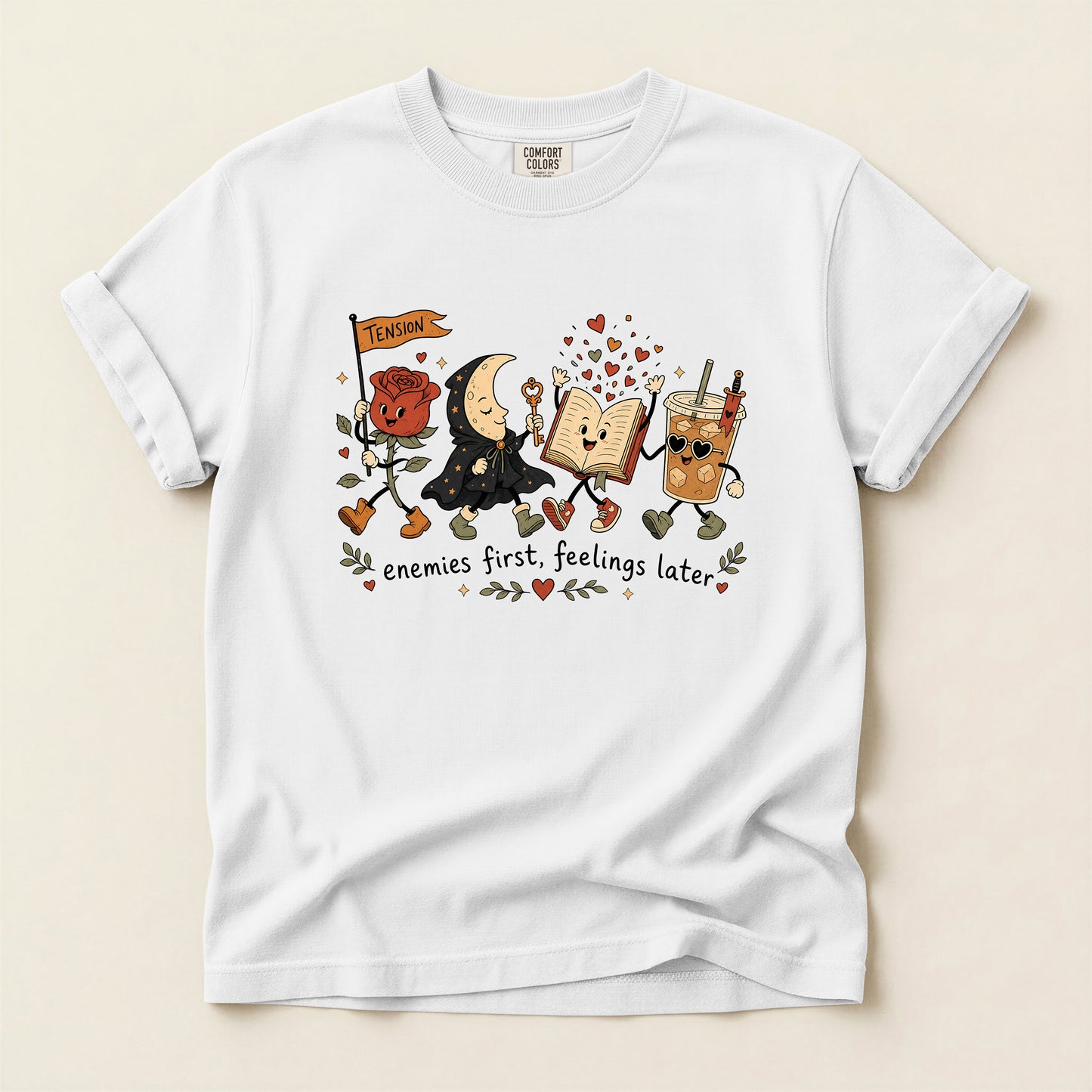 Enemies First, Feelings Later T-Shirt — Cute Romantic Book & Coffee Graphic Tee