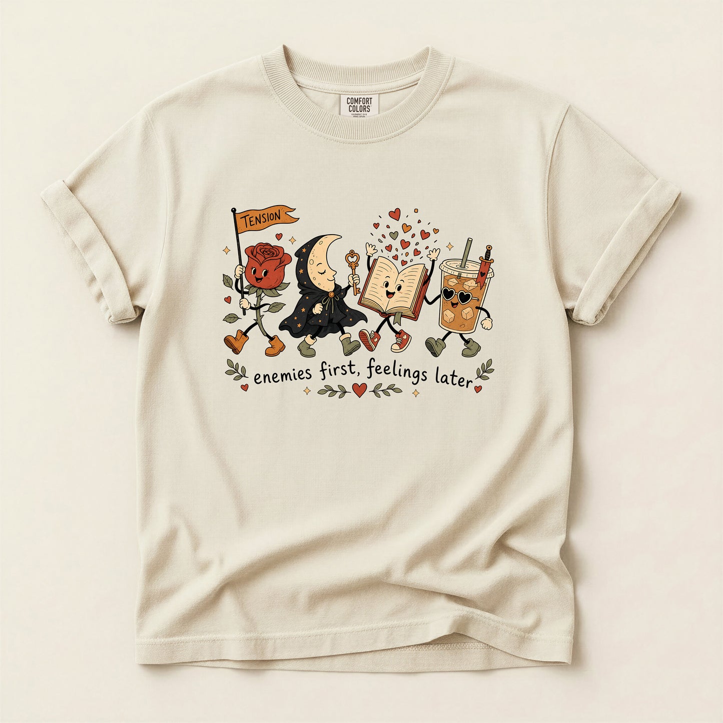Enemies First, Feelings Later T-Shirt — Cute Romantic Book & Coffee Graphic Tee