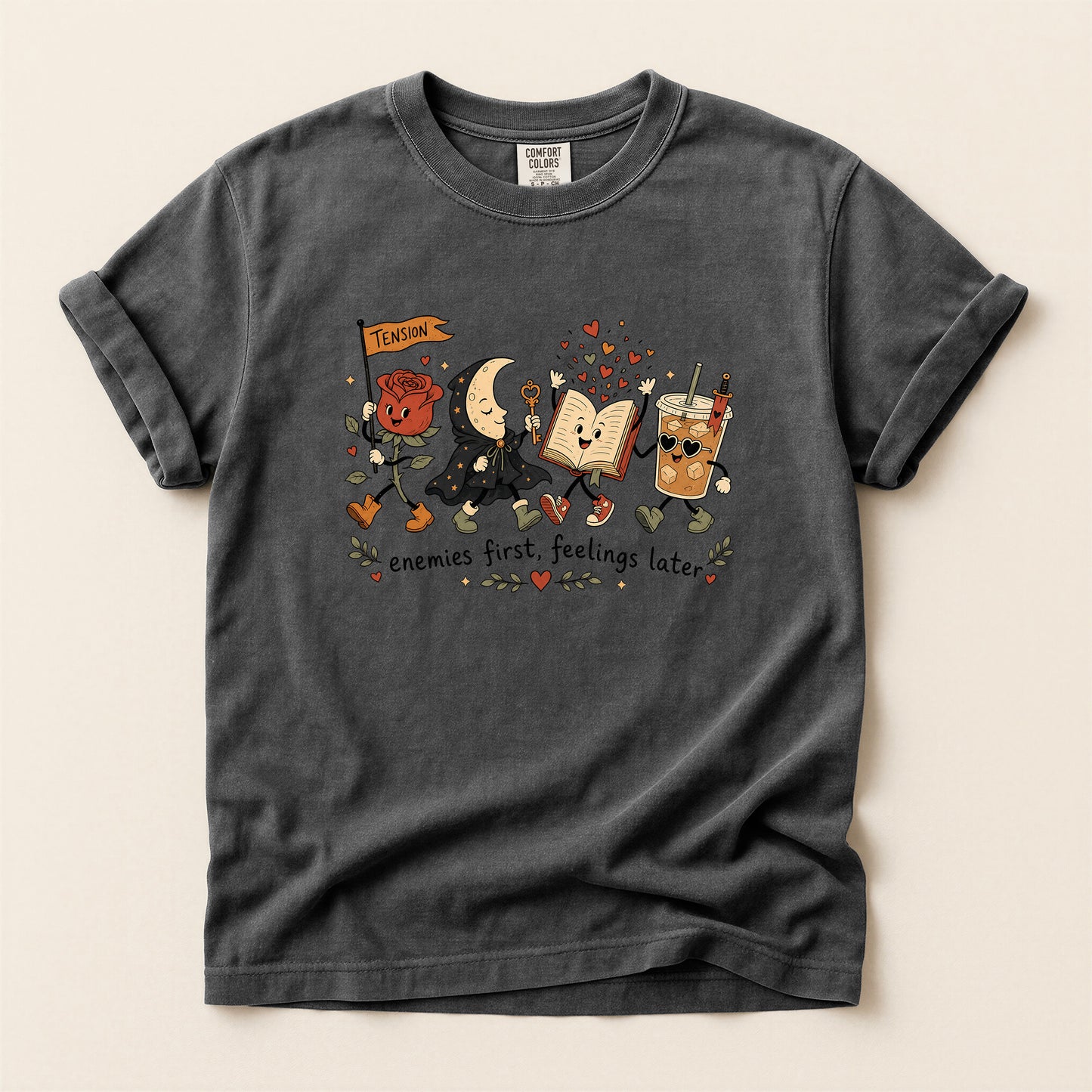 Enemies First, Feelings Later T-Shirt — Cute Romantic Book & Coffee Graphic Tee