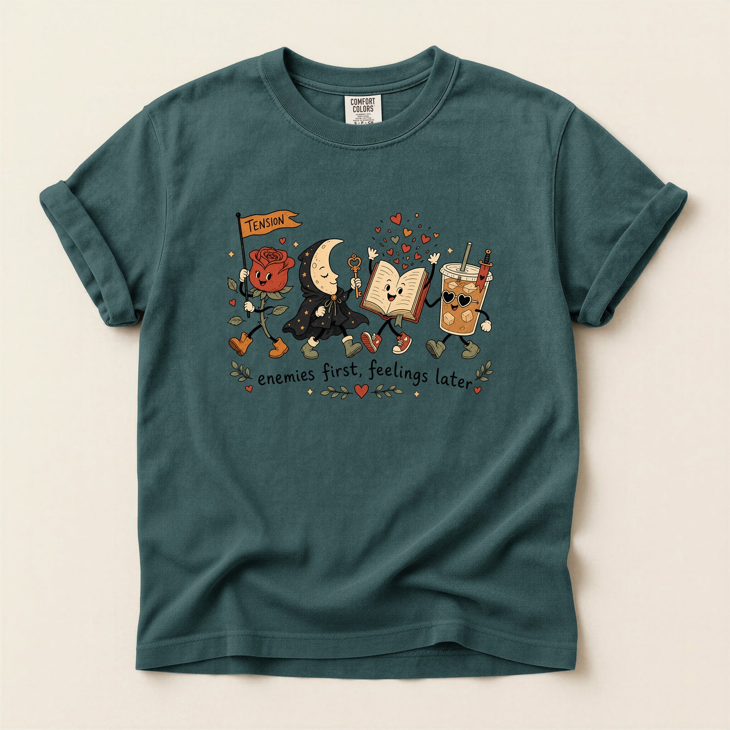 Enemies First, Feelings Later T-Shirt — Cute Romantic Book & Coffee Graphic Tee
