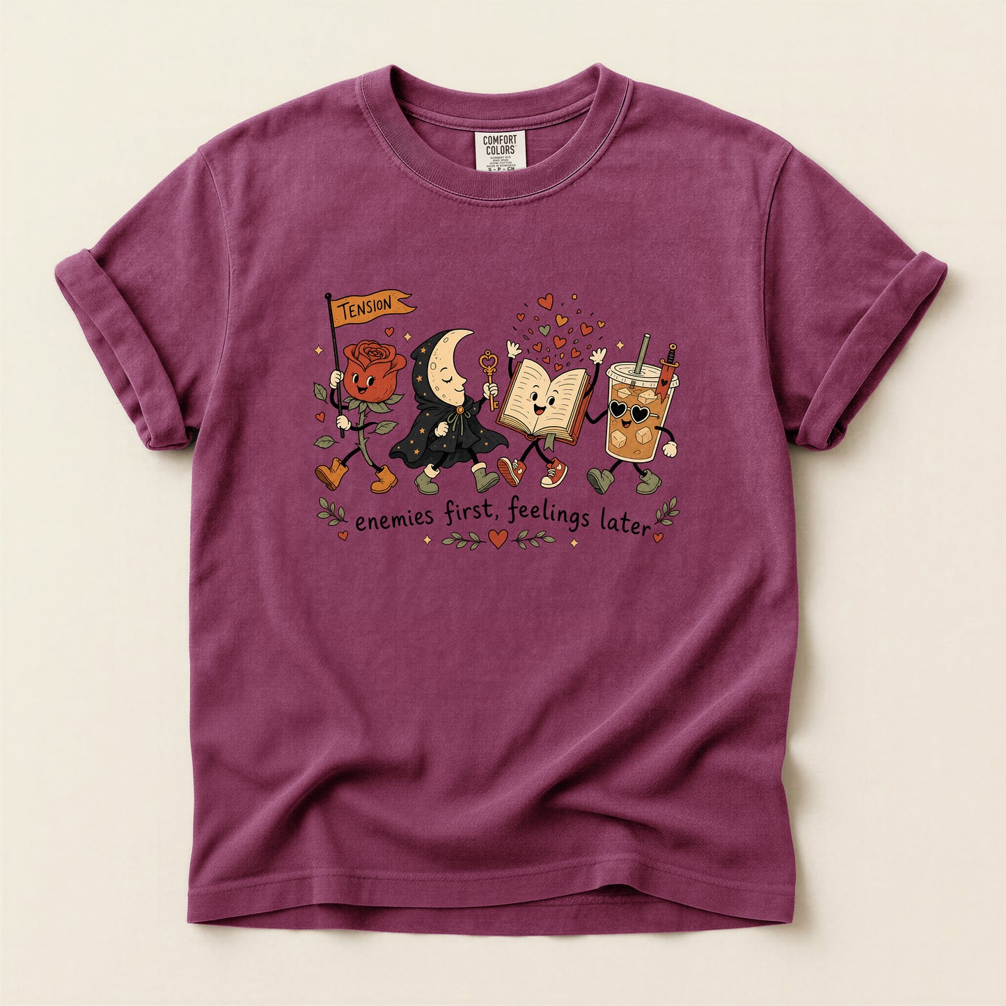 Enemies First, Feelings Later T-Shirt — Cute Romantic Book & Coffee Graphic Tee