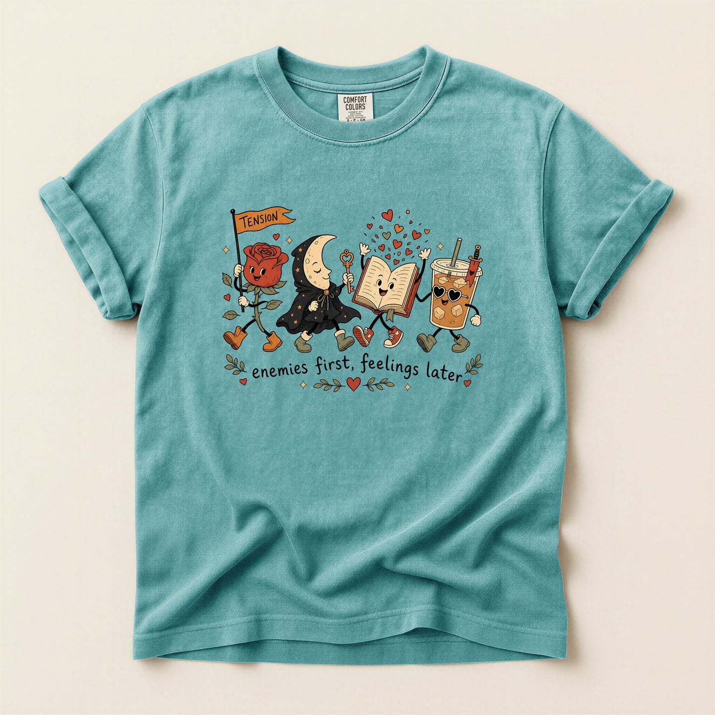 Enemies First, Feelings Later T-Shirt — Cute Romantic Book & Coffee Graphic Tee
