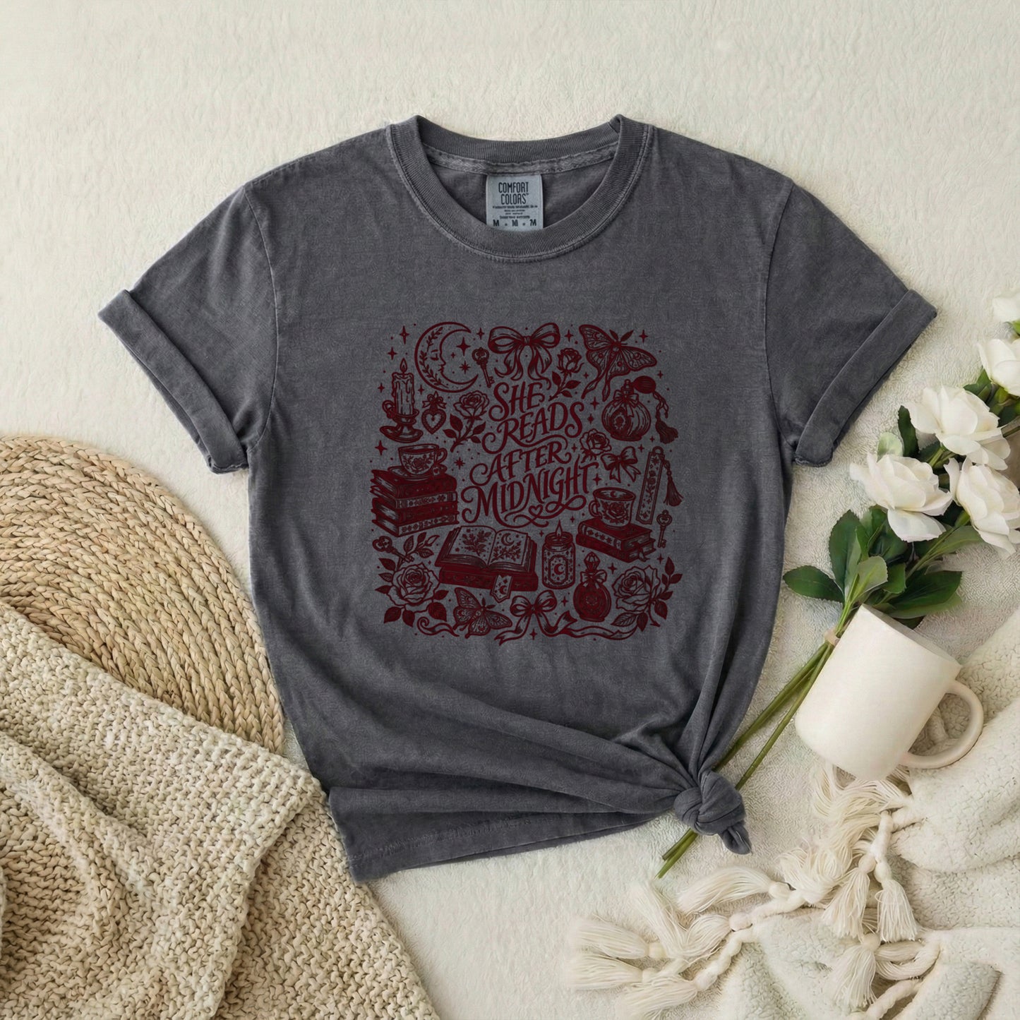 T-Shirt — “She Reads After Midnight” Bookish Graphic Tee