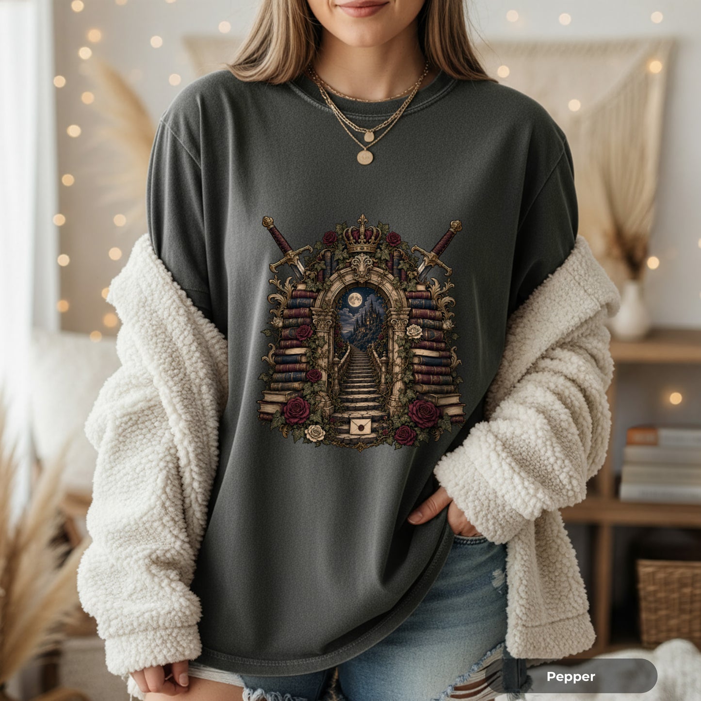Gothic Library T-Shirt — 'Keeper of Knowledge' Book Shrine Graphic Tee