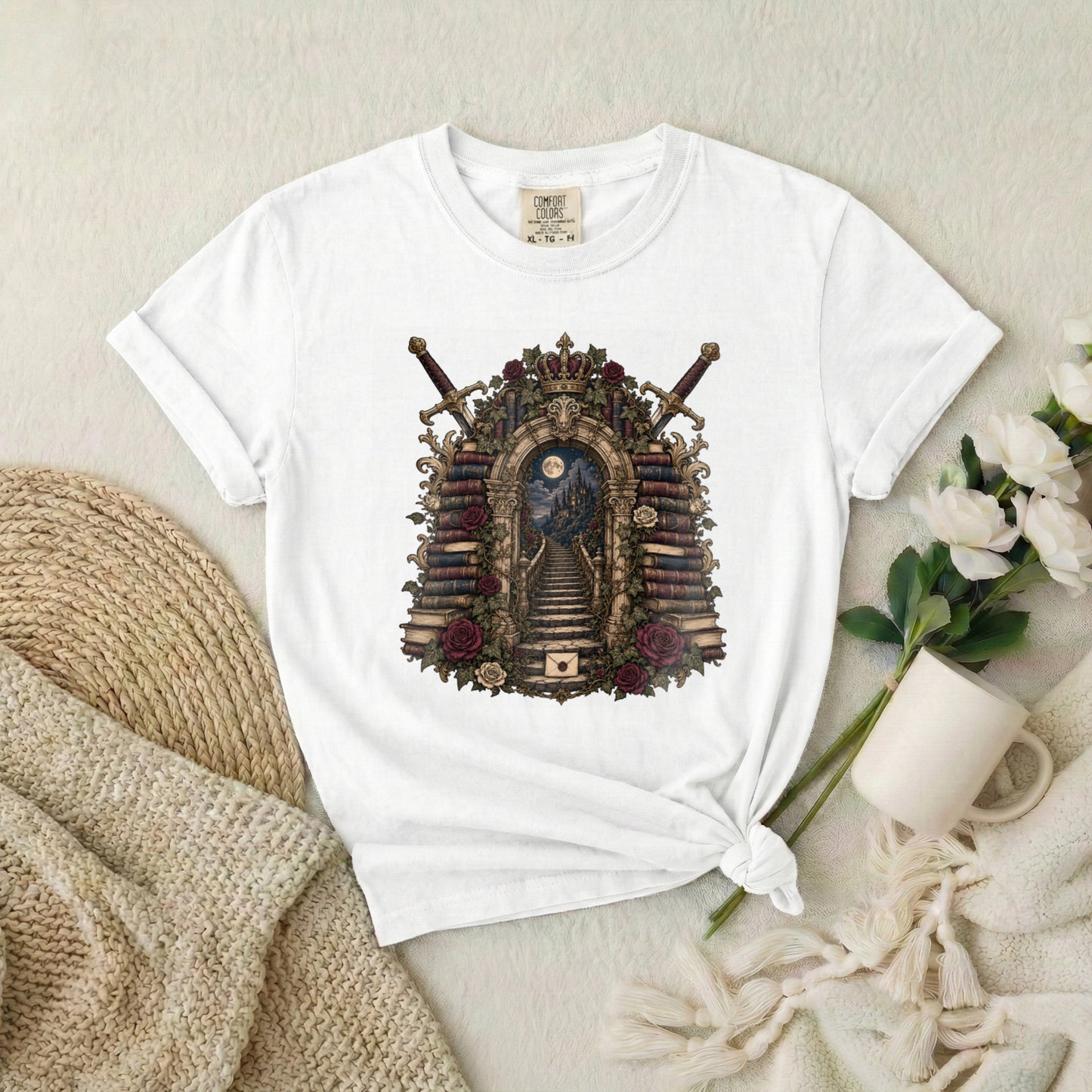 Gothic Library T-Shirt — 'Keeper of Knowledge' Book Shrine Graphic Tee