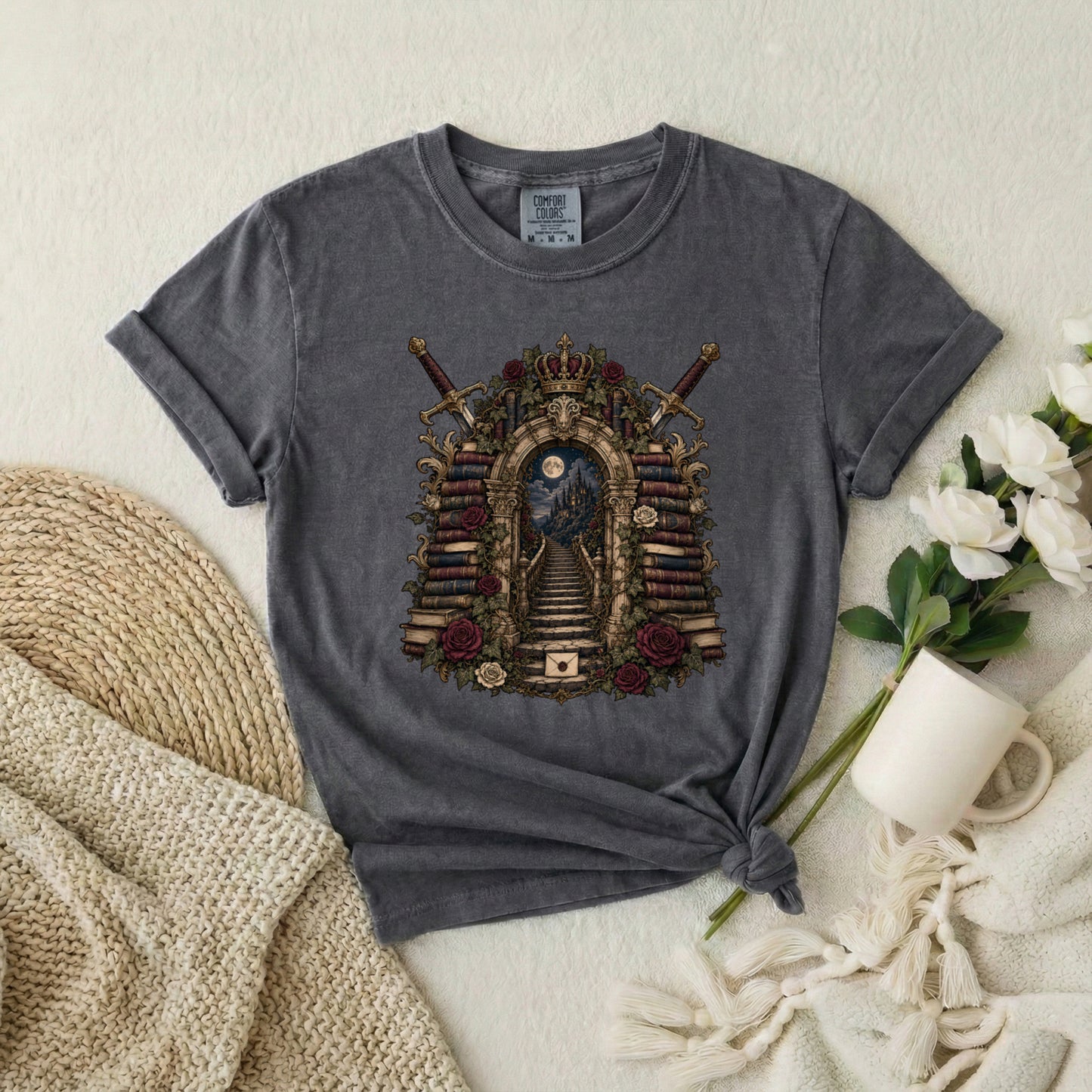 Gothic Library T-Shirt — 'Keeper of Knowledge' Book Shrine Graphic Tee