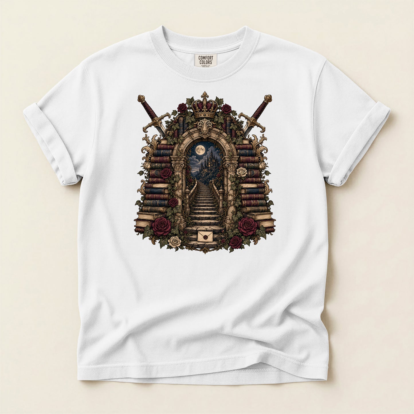 Gothic Library T-Shirt — 'Keeper of Knowledge' Book Shrine Graphic Tee