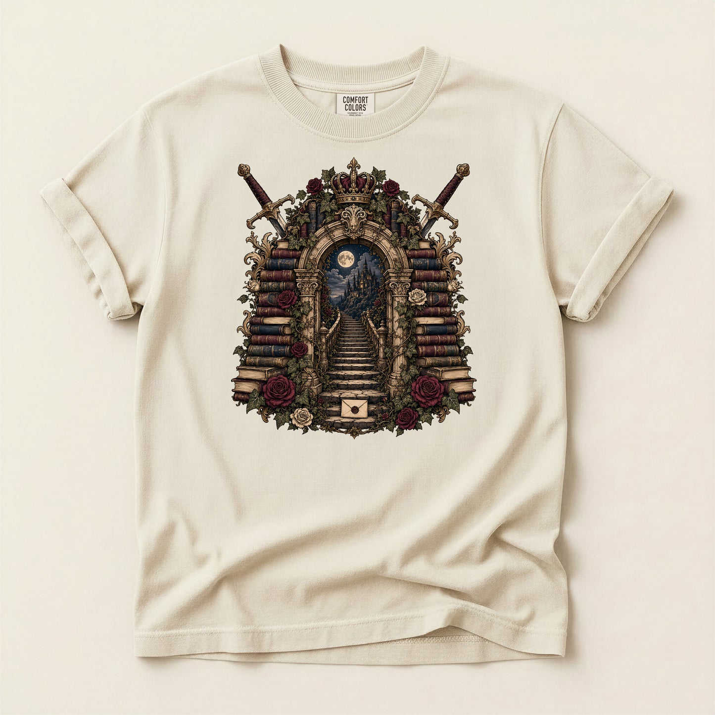 Gothic Library T-Shirt — 'Keeper of Knowledge' Book Shrine Graphic Tee