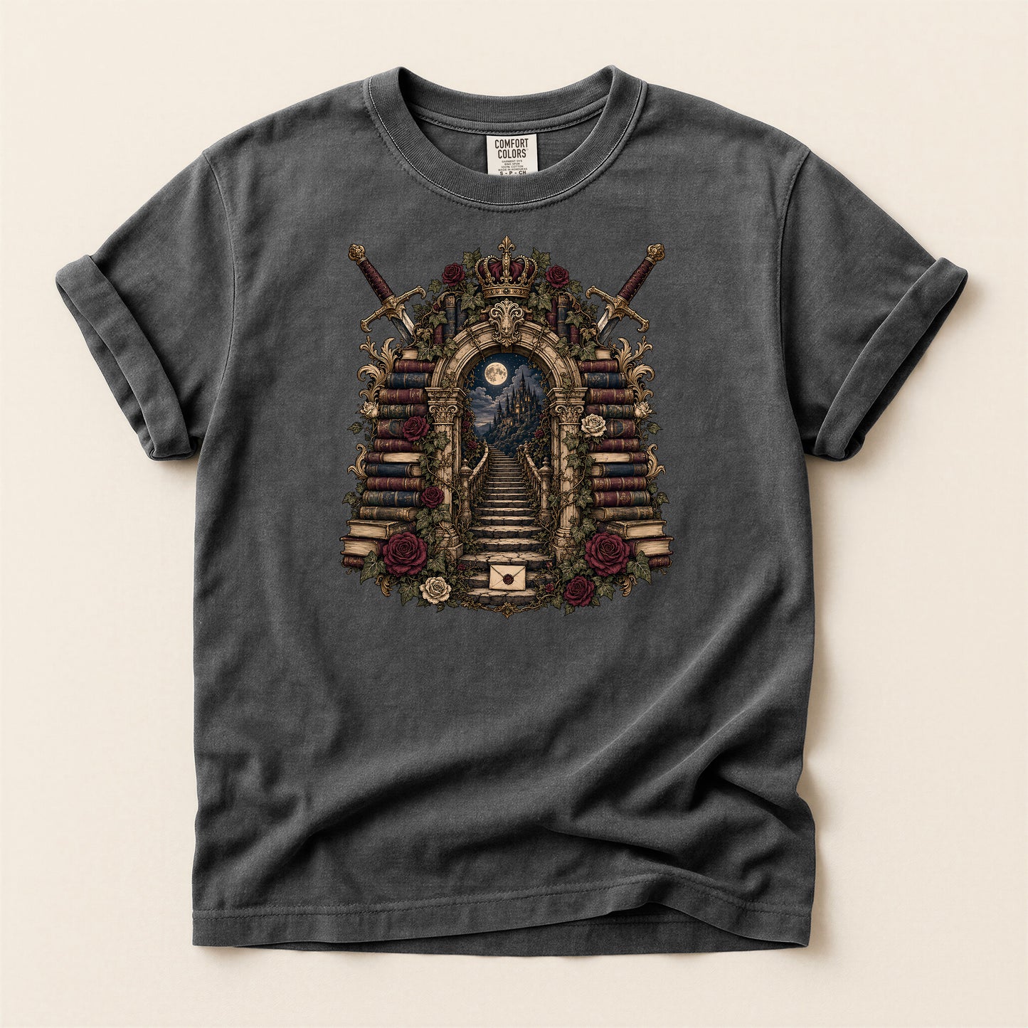 Gothic Library T-Shirt — 'Keeper of Knowledge' Book Shrine Graphic Tee