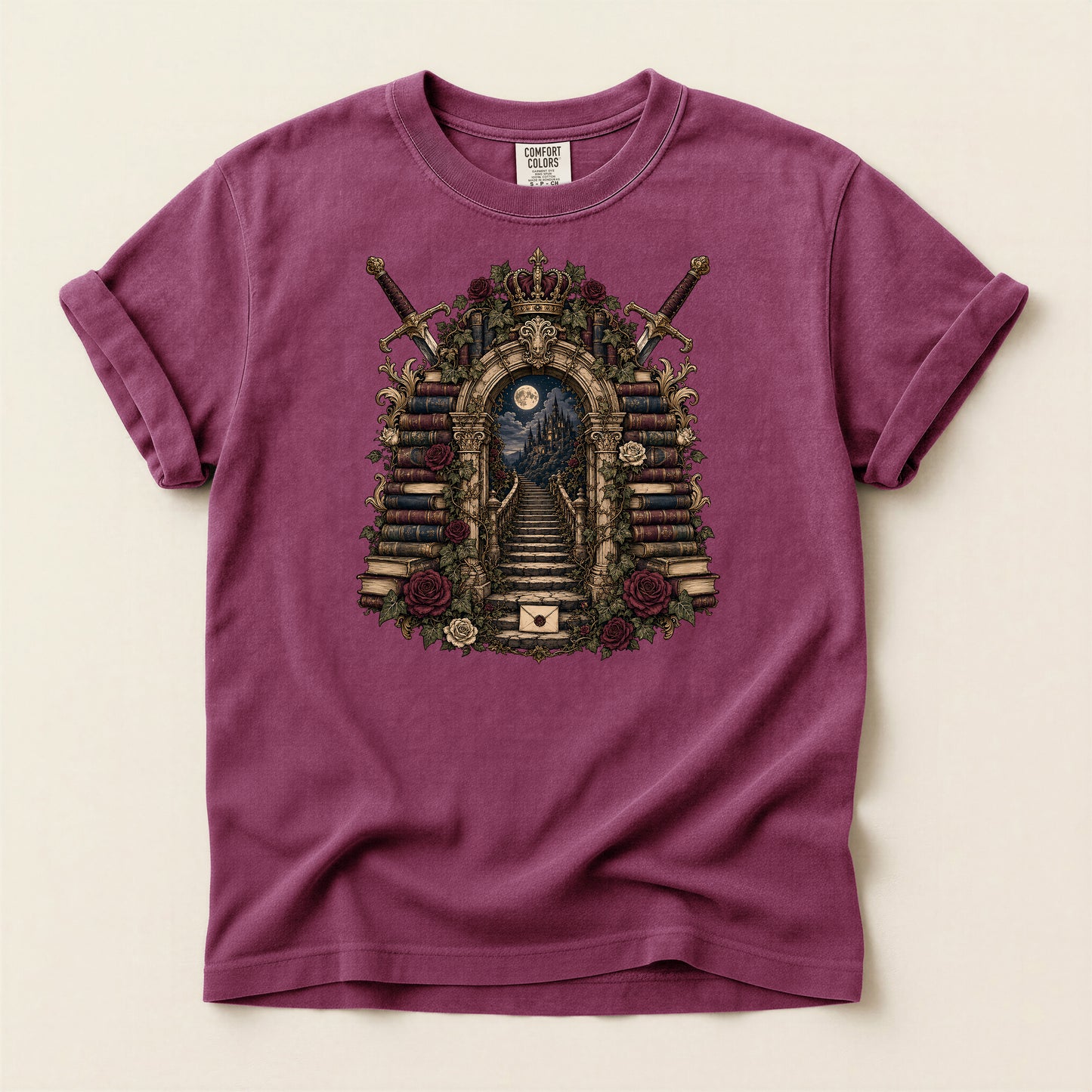 Gothic Library T-Shirt — 'Keeper of Knowledge' Book Shrine Graphic Tee