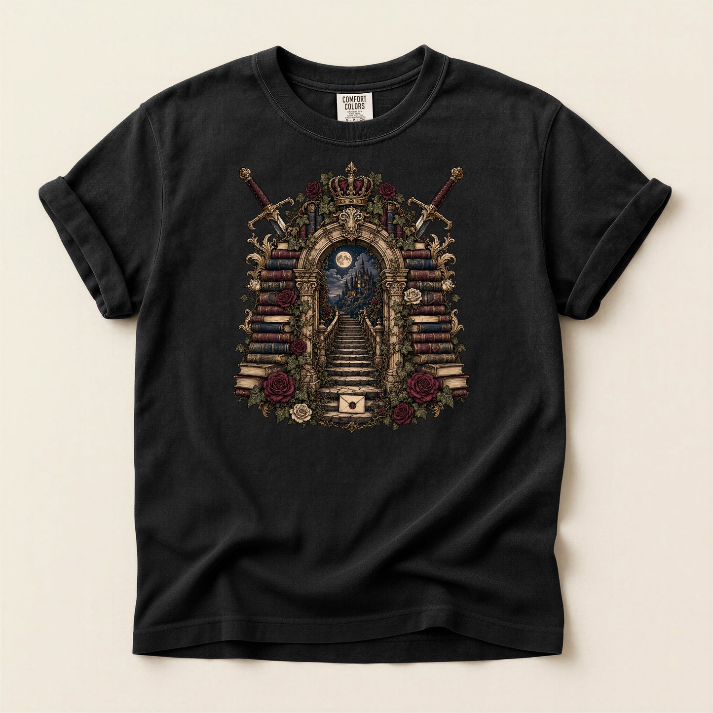 Gothic Library T-Shirt — 'Keeper of Knowledge' Book Shrine Graphic Tee